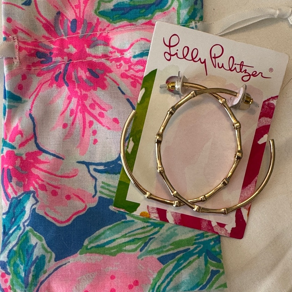 Lilly Pulitzer Gold Bamboo Hoop Earrings with Floral Pouch